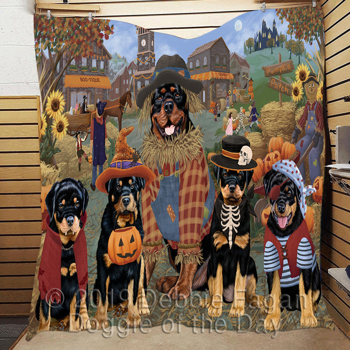 Halloween 'Round Town and Fall Pumpkin Scarecrow Both Rottweiler Dogs Quilt
