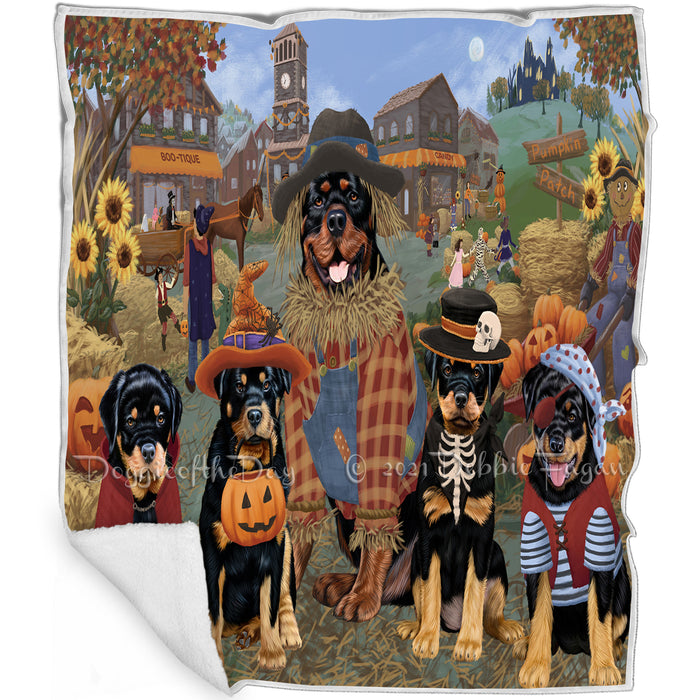 Halloween 'Round Town And Fall Pumpkin Scarecrow Both Rottweiler Dogs Blanket BLNKT143630