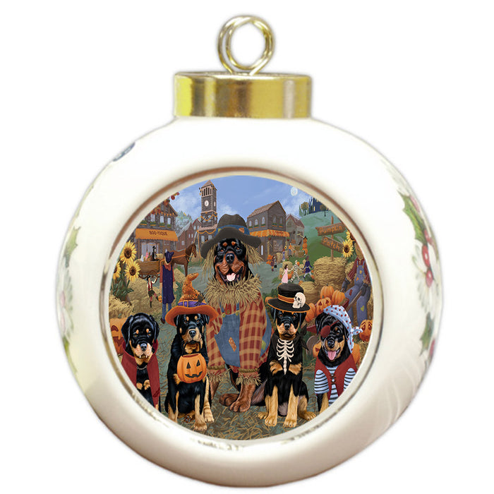 Halloween 'Round Town And Fall Pumpkin Scarecrow Both Rottweiler Dogs Round Ball Christmas Ornament RBPOR57599