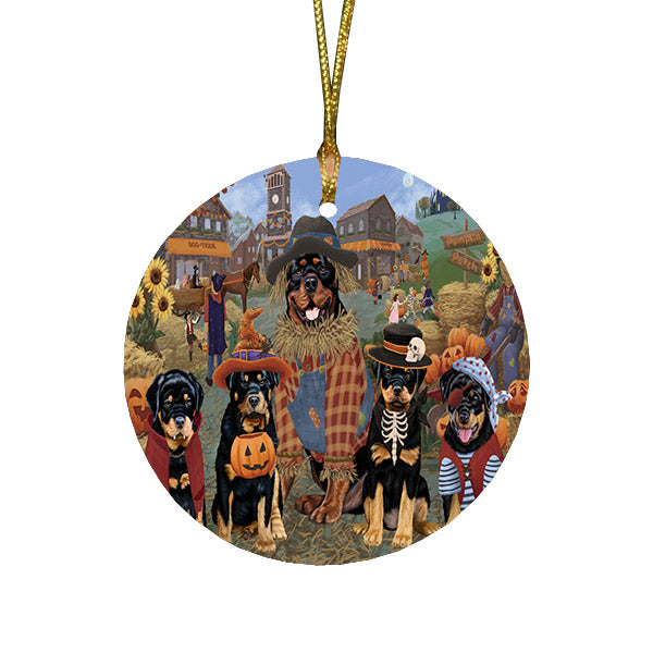 Halloween 'Round Town And Fall Pumpkin Scarecrow Both Rottweiler Dogs Round Flat Christmas Ornament RFPOR57599