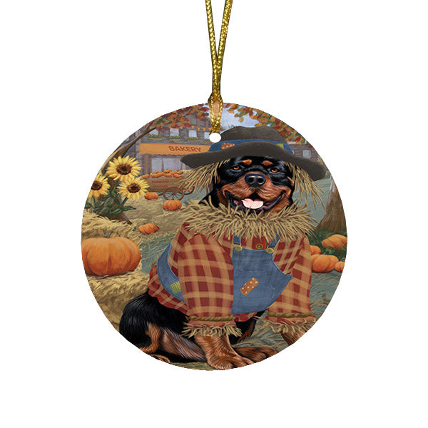 Halloween 'Round Town And Fall Pumpkin Scarecrow Both Rottweiler Dog Round Flat Christmas Ornament RFPOR57660