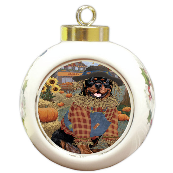 Halloween 'Round Town And Fall Pumpkin Scarecrow Both Rottweiler Dog Round Ball Christmas Ornament RBPOR57660