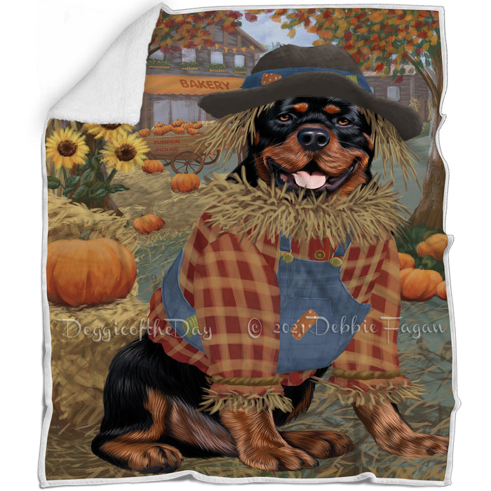 Halloween 'Round Town And Fall Pumpkin Scarecrow Both Rottweiler Dogs Blanket BLNKT143631