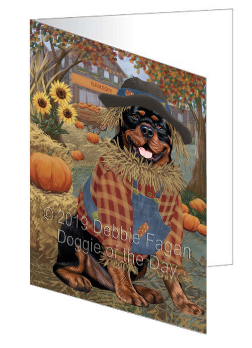 Fall Pumpkin Scarecrow Rottweiler Dogs Handmade Artwork Assorted Pets Greeting Cards and Note Cards with Envelopes for All Occasions and Holiday Seasons GCD78614