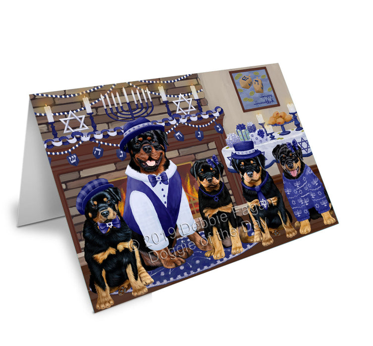 Happy Hanukkah Family Rottweiler Dogs Handmade Artwork Assorted Pets Greeting Cards and Note Cards with Envelopes for All Occasions and Holiday Seasons GCD78521