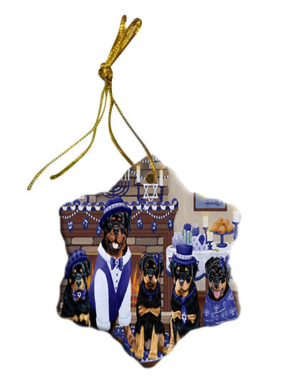Happy Hanukkah Family Rottweiler Dogs Star Porcelain Ornament SPOR57725