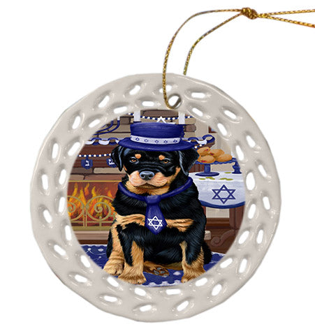 Happy Hanukkah Rottweiler Dog Ceramic Doily Ornament DPOR57786