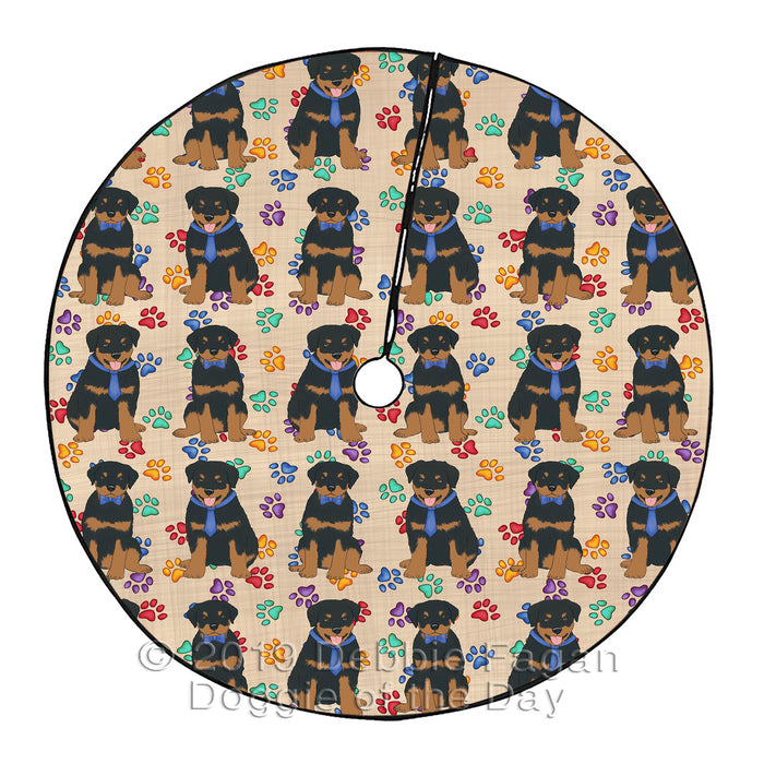 Rainbow Paw Print Rottweiler Dogs Blue Christmas Tree Skirt