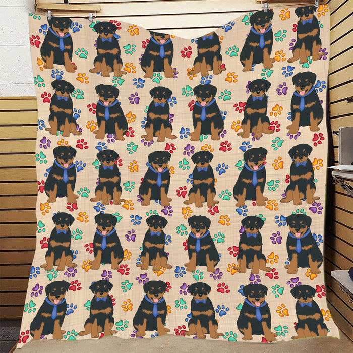 Rainbow Paw Print Rottweiler Dogs Blue Quilt