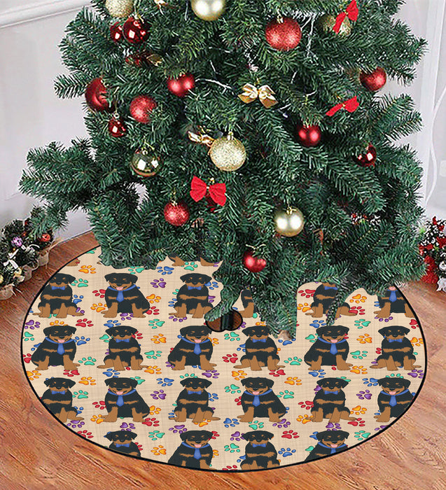 Rainbow Paw Print Rottweiler Dogs Blue Christmas Tree Skirt