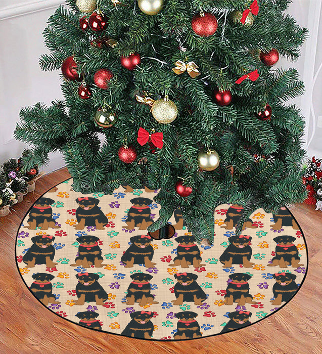 Rainbow Paw Print Rottweiler Dogs Red Christmas Tree Skirt