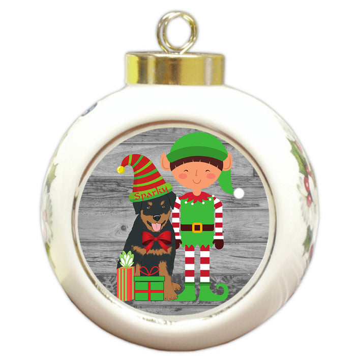 Custom Personalized Rottweiler Dog Elfie and Presents Christmas Round Ball Ornament