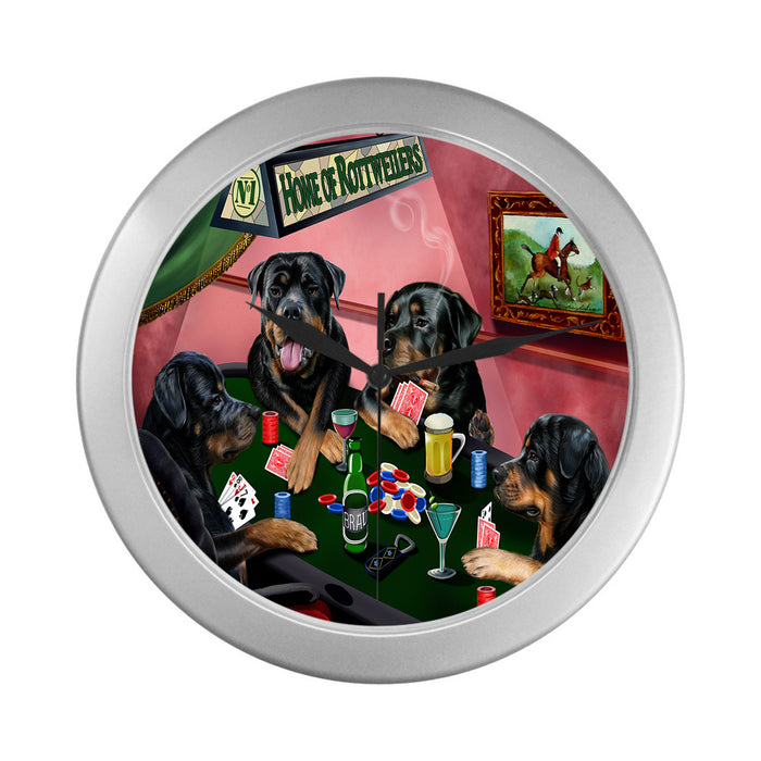 Home of Rottweiler Dogs Playing Poker Silver Wall Clocks