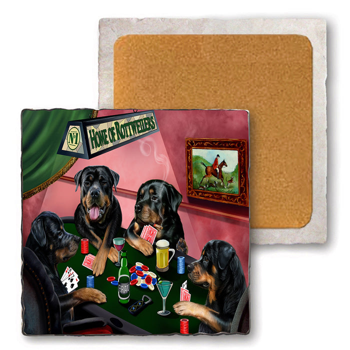 Set of 4 Natural Stone Marble Tile Coasters - Home of Rottweiler 4 Dogs Playing Poker MCST48039