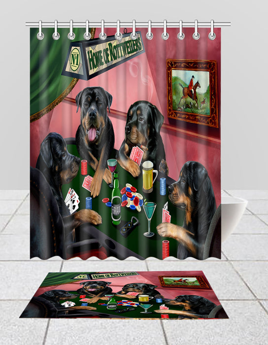 Home of  Rottweiler Dogs Playing Poker Bath Mat and Shower Curtain Combo