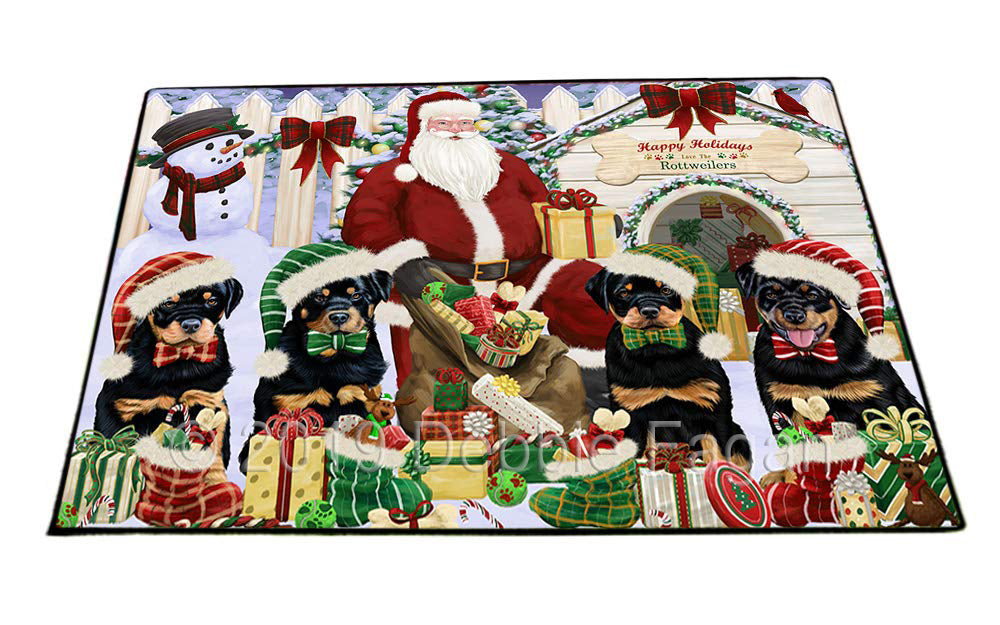 Happy Holidays Christmas Rottweilers Dog House Gathering Floormat FLMS51510