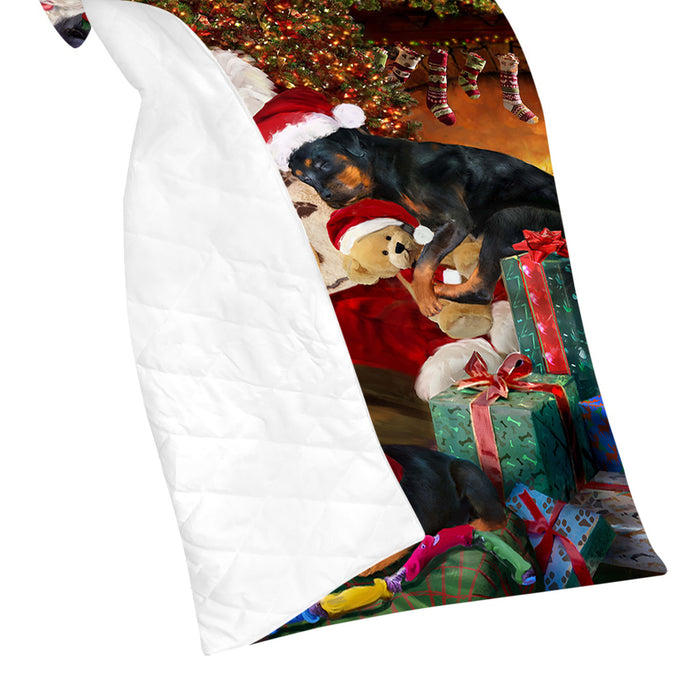 Santa Sleeping with Rottweiler Dogs Quilt