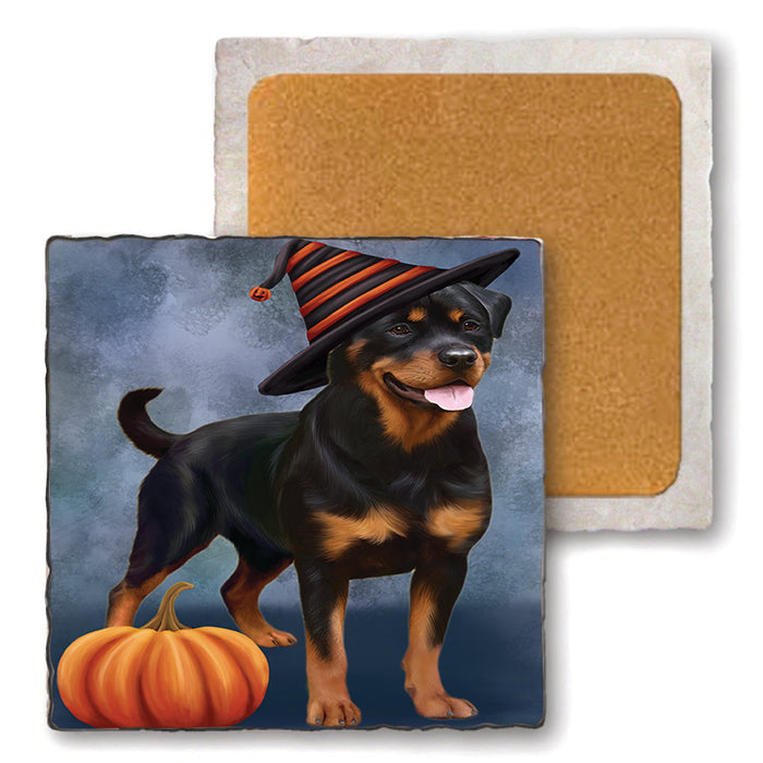 Happy Halloween Rottweiler Dog Wearing Witch Hat with Pumpkin Set of 4 Natural Stone Marble Tile Coasters MCST49799