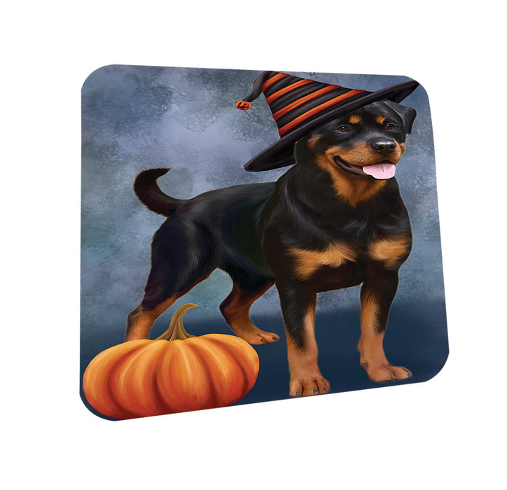 Happy Halloween Rottweiler Dog Wearing Witch Hat with Pumpkin Coasters Set of 4 CST54757