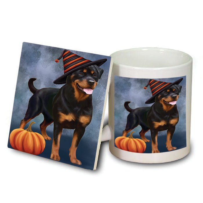 Happy Halloween Rottweiler Dog Wearing Witch Hat with Pumpkin Mug and Coaster Set MUC54791