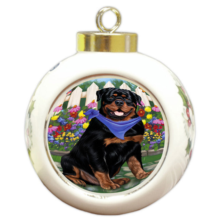 Spring Floral Rottweiler Dog Round Ball Christmas Ornament RBPOR50218