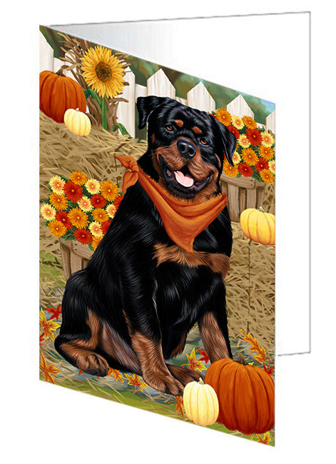 Fall Autumn Greeting Rottweiler Dog with Pumpkins Handmade Artwork Assorted Pets Greeting Cards and Note Cards with Envelopes for All Occasions and Holiday Seasons GCD56561