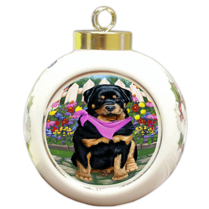 Spring Floral Rottweiler Dog Round Ball Christmas Ornament RBPOR52144