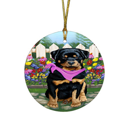 Spring Floral Rottweiler Dog Round Flat Christmas Ornament RFPOR52135