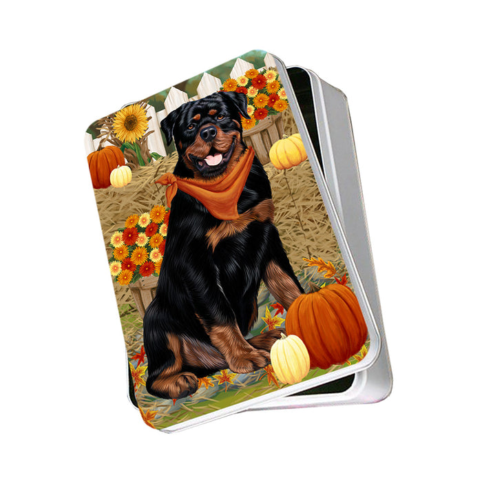Fall Autumn Greeting Rottweiler Dog with Pumpkins Photo Storage Tin PITN50844