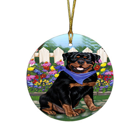 Spring Floral Rottweiler Dog Round Flat Christmas Ornament RFPOR50209