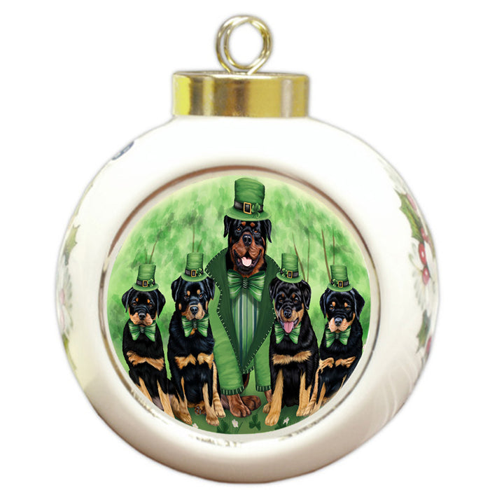 St. Patricks Day Irish Family Portrait Rottweilers Dog Round Ball Christmas Ornament RBPOR49371