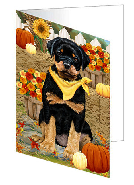 Fall Autumn Greeting Rottweiler Dog with Pumpkins Handmade Artwork Assorted Pets Greeting Cards and Note Cards with Envelopes for All Occasions and Holiday Seasons GCD56564