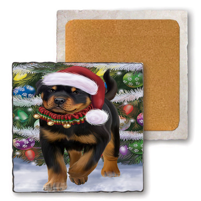 Trotting in the Snow Rottweiler Dog Set of 4 Natural Stone Marble Tile Coasters MCST49589