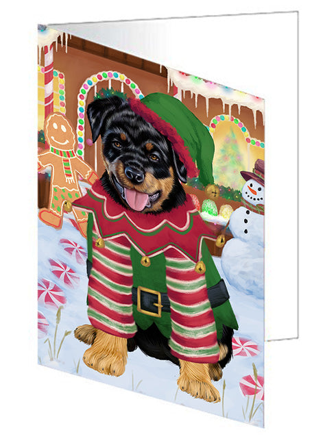 Christmas Gingerbread House Candyfest Rottweiler Dog Handmade Artwork Assorted Pets Greeting Cards and Note Cards with Envelopes for All Occasions and Holiday Seasons GCD74009