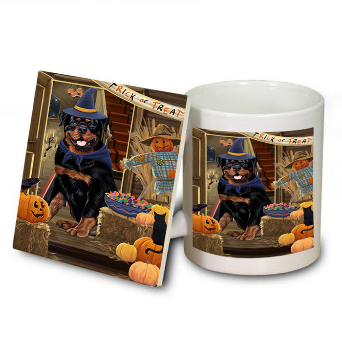 Enter at Own Risk Trick or Treat Halloween Rottweiler Dog Mug and Coaster Set MUC53236