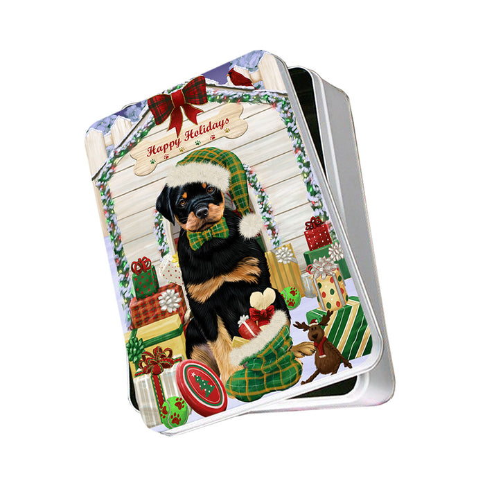 Happy Holidays Christmas Rottweiler Dog House With Presents Photo Storage Tin PITN52188