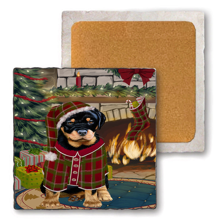 The Stocking was Hung Rottweiler Dog Set of 4 Natural Stone Marble Tile Coasters MCST50582