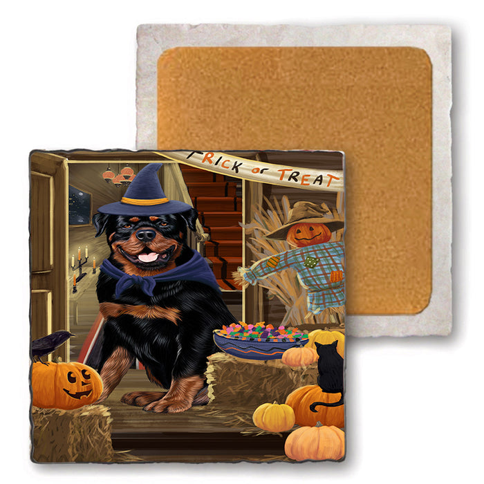 Enter at Own Risk Trick or Treat Halloween Rottweiler Dog Set of 4 Natural Stone Marble Tile Coasters MCST48244