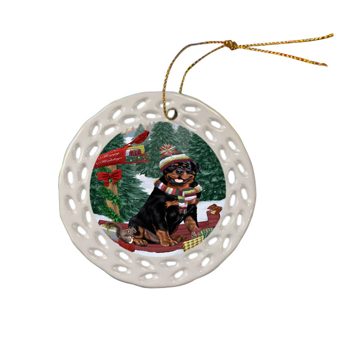 Merry Christmas Woodland Sled Rottweiler Dog Ceramic Doily Ornament DPOR55368
