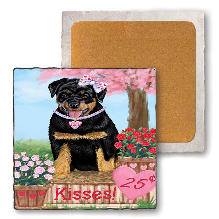 Rosie 25 Cent Kisses Rottweiler Dog Set of 4 Natural Stone Marble Tile Coasters MCST51004