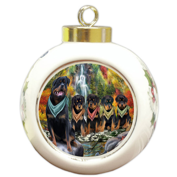 Scenic Waterfall Rottweilers Dog Round Ball Christmas Ornament RBPOR51938