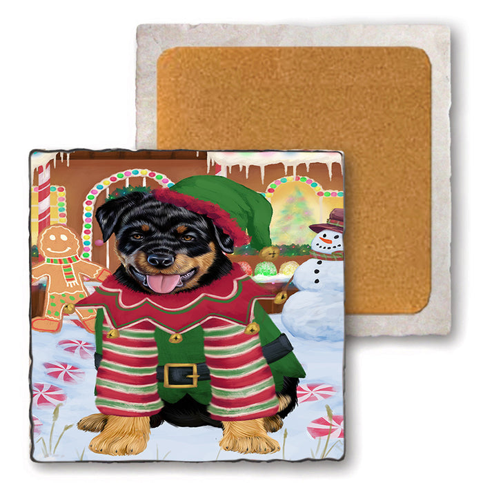 Christmas Gingerbread House Candyfest Rottweiler Dog Set of 4 Natural Stone Marble Tile Coasters MCST51498