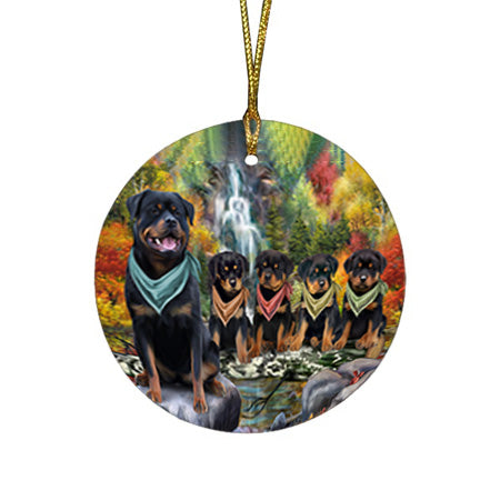 Scenic Waterfall Rottweilers Dog Round Flat Christmas Ornament RFPOR51929