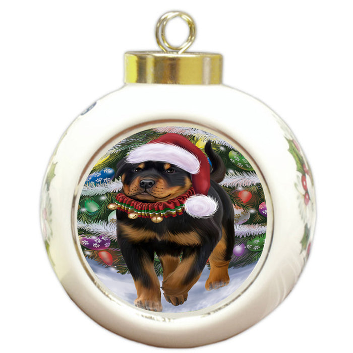 Trotting in the Snow Rottweiler Dog Round Ball Christmas Ornament RBPOR54717