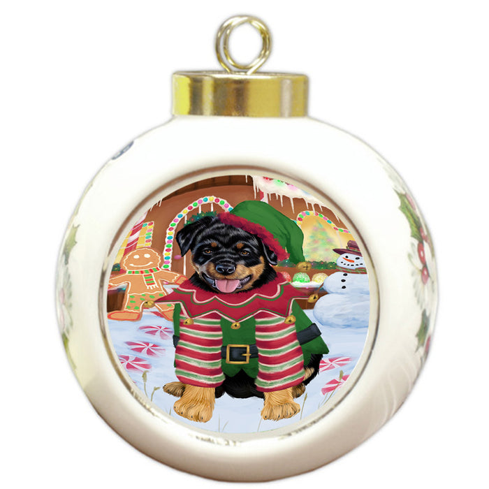 Christmas Gingerbread House Candyfest Rottweiler Dog Round Ball Christmas Ornament RBPOR56854