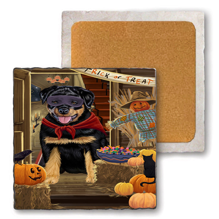 Enter at Own Risk Trick or Treat Halloween Rottweiler Dog Set of 4 Natural Stone Marble Tile Coasters MCST48245