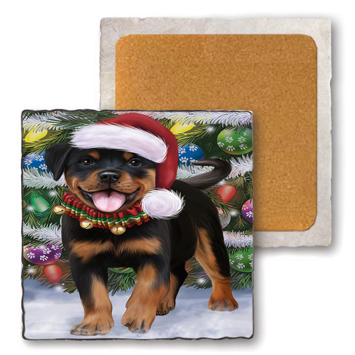 Trotting in the Snow Rottweiler Dog Set of 4 Natural Stone Marble Tile Coasters MCST49590