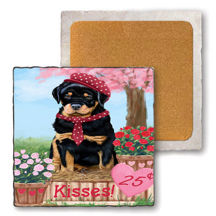 Rosie 25 Cent Kisses Rottweiler Dog Set of 4 Natural Stone Marble Tile Coasters MCST51005
