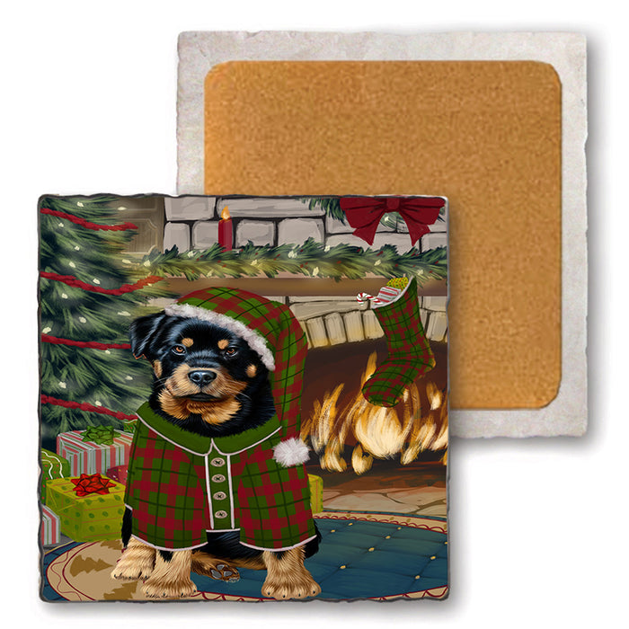 The Stocking was Hung Rottweiler Dog Set of 4 Natural Stone Marble Tile Coasters MCST50583