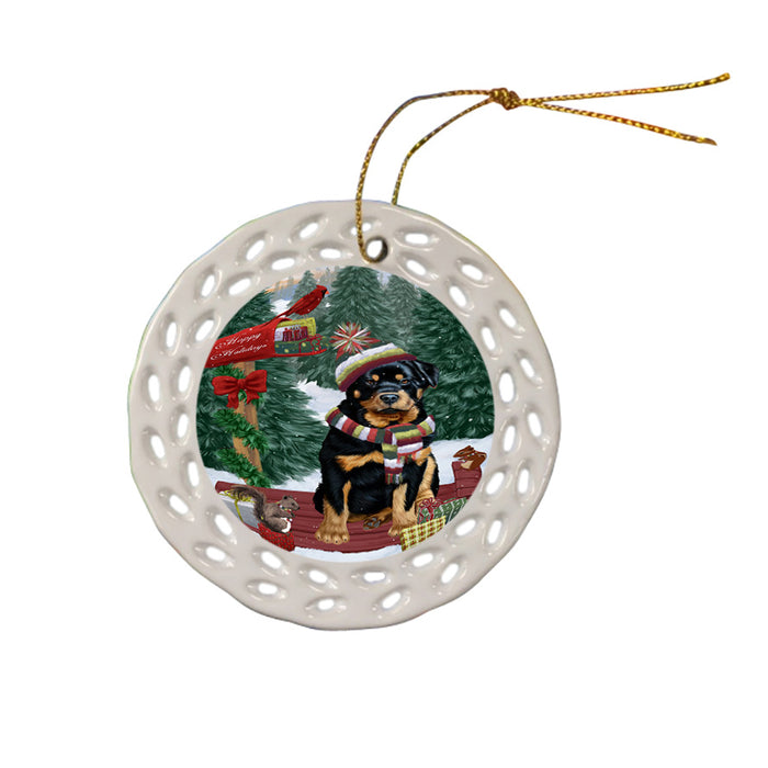 Merry Christmas Woodland Sled Rottweiler Dog Ceramic Doily Ornament DPOR55369